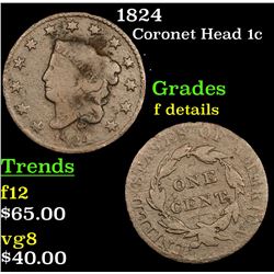 1824 Coronet Head Large Cent 1c Grades f details