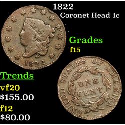1822 Coronet Head Large Cent 1c Grades f+