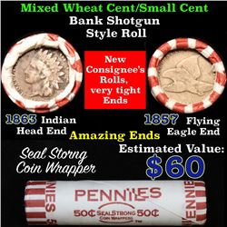 Mixed small cents 1c orig shotgun roll, 1863 Indian Cent, 1857 Flying Eagle Cent other end