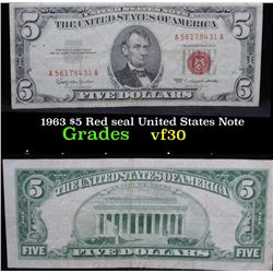 1963 $5 Red seal United States Note . . Grades vf++