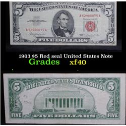 1963 $5 Red seal United States Note . . Grades xf