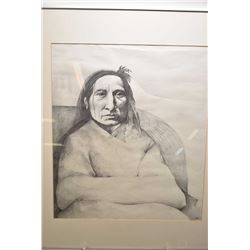 Framed original pencil drawing on paper with original purchase reciept from the Alberta Indian Arts 