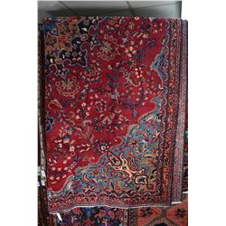 100% wool Iranian Mashad area carpet with center medallion, overall floral, cranberry background wit