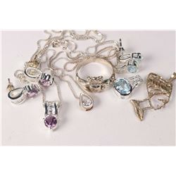 Selection of sterling silver and gemstone jewellery including three pairs of earrings, two with matc