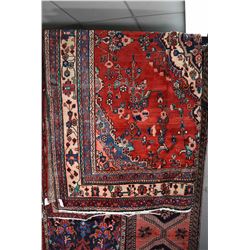 100% wool Iranian Hamadan area carpet with center medallion, overall floral pattern, red background,