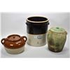 Image 1 : Three pieces of stoneware includling Medicine Hat Potteries bean pot, lidded jar and a two toned gla