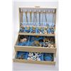 Image 1 : Vintage jewellery box filled with jewellery incuding necklaces, earrings, hinged bracelet, diamante 