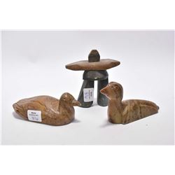 Three carved soapstone including two birds and an inukshuk 4 1/2" in height