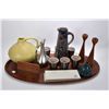 Image 1 : Selection of mid century collectibles including large teak tray, unmarked crackle pitcher, Selangor 