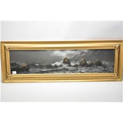 Gilt framed pastel on paper drawing of a stormy seascape, 7" X 28", no signature seen, possible Chan