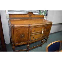 Antique English quarter cut oak sideboard two drawers and two doors, appears to be original finish a