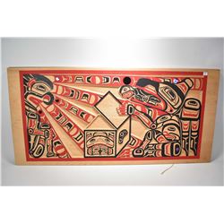 Large carved and painted Haida wall plaque no artist signature seen, 23" X 48"