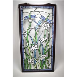 Framed leaded glass panel featuring dragonflies and flowers, 40 1/2" X 20 1/2"