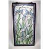 Image 1 : Framed leaded glass panel featuring dragonflies and flowers, 40 1/2" X 20 1/2"