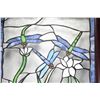 Image 2 : Framed leaded glass panel featuring dragonflies and flowers, 40 1/2" X 20 1/2"