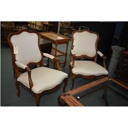 Pair of Ethan Allen French style open arm "Avignon" parlour chairs with striped upholstery