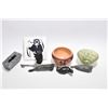 Image 1 : Selection of collectibles including three small soapstones, carved jade bowl, treenware owl, lidded 