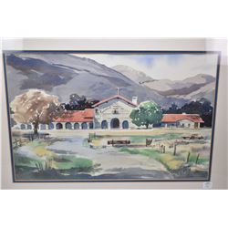 Framed original watercolour painting of a church in a mountain setting by D. Philips, 13" x 20"