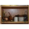 Image 1 : Shelf lot of collectibles including lanterns, scales, copper pots, stoneware, candle holders, blow t