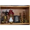 Image 2 : Shelf lot of collectibles including lanterns, scales, copper pots, stoneware, candle holders, blow t
