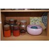 Image 1 : Shelf lot of pottery and ceramic items including pitcher's cannisters with cork stoppers, German mad