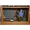 Image 2 : Shelf lot of pottery and ceramic items including pitcher's cannisters with cork stoppers, German mad