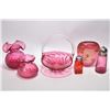 Image 1 : Selection of cranberry glass including two quilted vases with ruffled edges, basket with applied cle