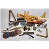 Image 1 : Tray lot of vintage collectibles including folding rulers, straight razor in case, brass document ho