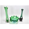 Image 1 : Four pieces of art glass including a bubble glass green center bowl, and two cased green and colourl