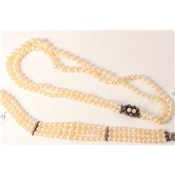 Vintage knotted and graduated double strand 13  choker of genuine pearls with maracasite and pearl c