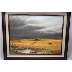 Framed acrylic on board painting of a stormy sky over a wheat field signed by artist Jerry Doell, 18