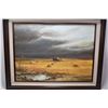 Image 1 : Framed acrylic on board painting of a stormy sky over a wheat field signed by artist Jerry Doell, 18