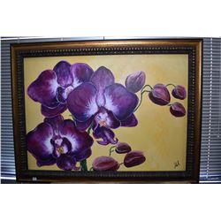 Large oil on canvas still-life painting of an orchid signed Jules R., 28" X 39"