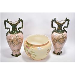 Pair of Sylvan double handled 13" vase with transferware floral and hand gilt and a Crown Ducal hand