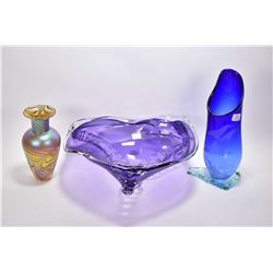 Three pieces of art glass including signed Robert Held vase, Flux handmade in Canmore purple glass c