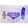 Image 1 : Three pieces of art glass including signed Robert Held vase, Flux handmade in Canmore purple glass c