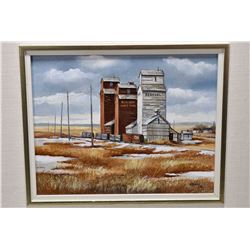 Framed original acrylic on board painting of three grain elevator labelled Albert Wheat Pool and Fed