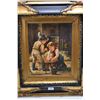 Image 1 : Gilt framed acrylic on board painting of two small children bathing a doll, signed by artist L. Muck