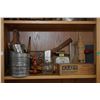 Image 1 : Shelf lot of vintage kitchen collectibles including glass butter churn, small mixer, scales, rolling