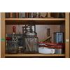 Image 2 : Shelf lot of vintage kitchen collectibles including glass butter churn, small mixer, scales, rolling