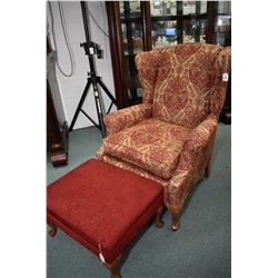 Vintage wing back chair with cabriole feet and small upholstered foot stool