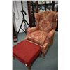 Image 1 : Vintage wing back chair with cabriole feet and small upholstered foot stool