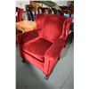Image 1 : Pair of vintage wingback chair with ball and claw feet, red velveteen upholstery and non-matching fo