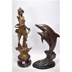 Two modern sculptures including 22" spelter lady and a two bronze dolphins