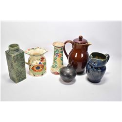 Selection of pottery and stoneware collectibles including a Denby owl pitcher, Denby, tea pot, Mason