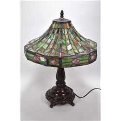 Quality modern cast table lamp with leaded and slag glass shade