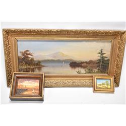 Three original paintings on board including unsigned mountain lake scene 6 X 16  and two small paint