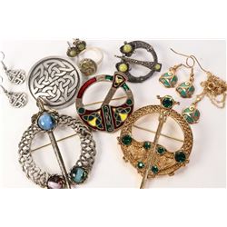 Selection of Celtic themed jewellery including pins, enamelled pendant and earrings, Scottish green 