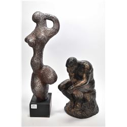 Two statues including clay abstract on wooden base 18" in height and of Rodin's "The Thinker"