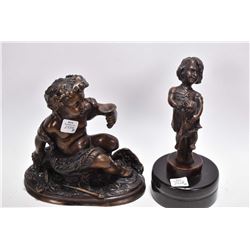 Two small modern bronzes including a small cherub and a girl with her kitten, 9" including marble pl